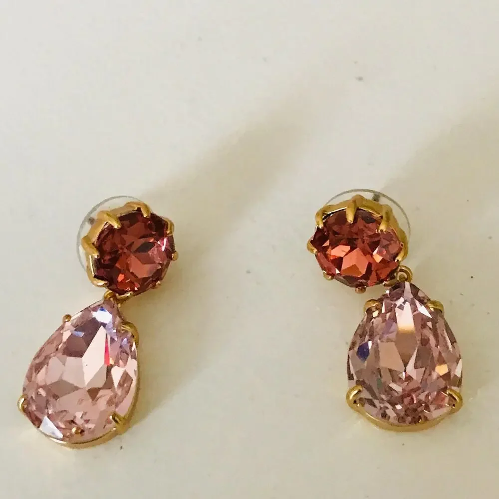 J. Crew Drop Earrings: Pink Faux Stones Set in Gold Tone, Signed